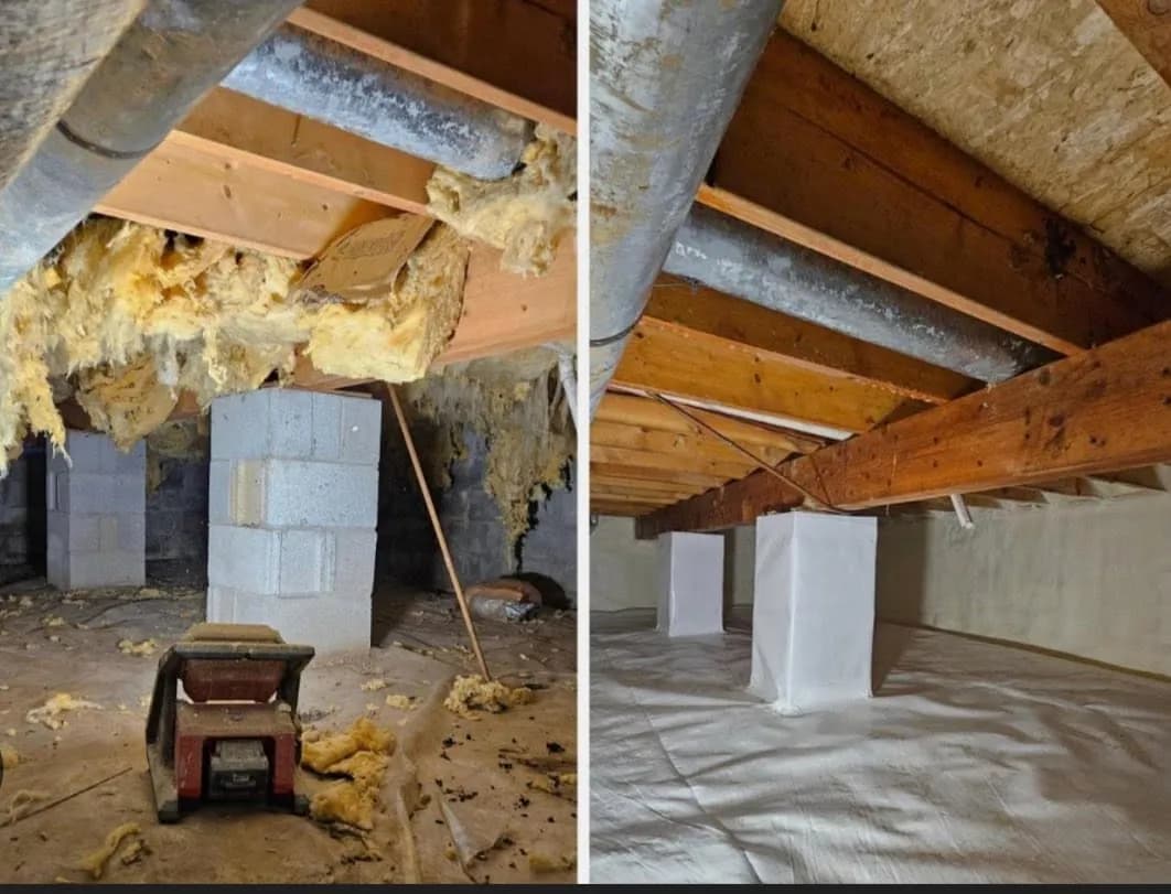 Before and after crawlspace insulation removal and encapsulation in Kane County, IL: fallen fiberglass on the left, clean vapour barrier on the right
