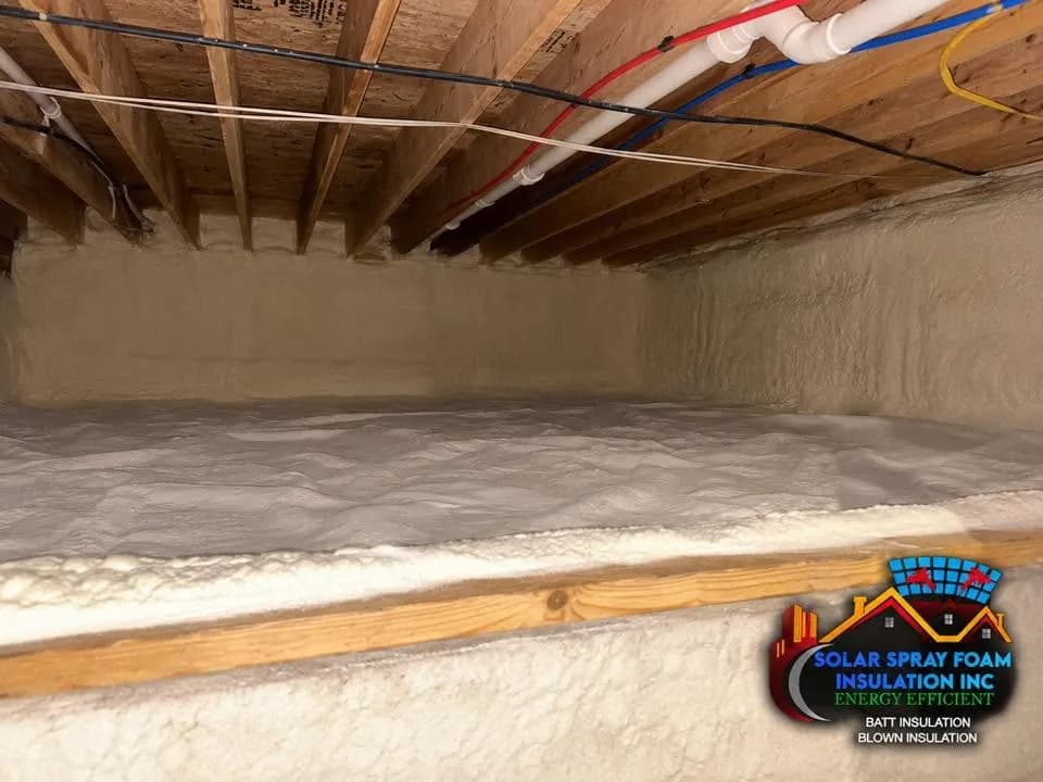 Crawlspace spray foam insulation and encapsulation completed in Elgin, IL, with foamed perimeter walls and rim joists