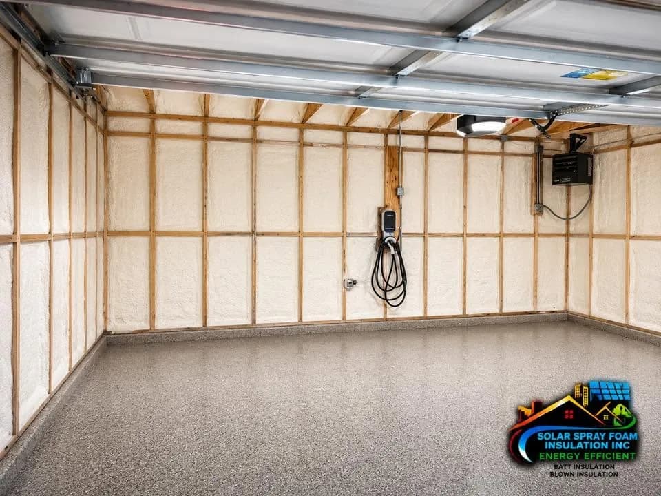 Spray foam insulation installed in a residential garage in Kane County, IL, with a finished epoxy floor