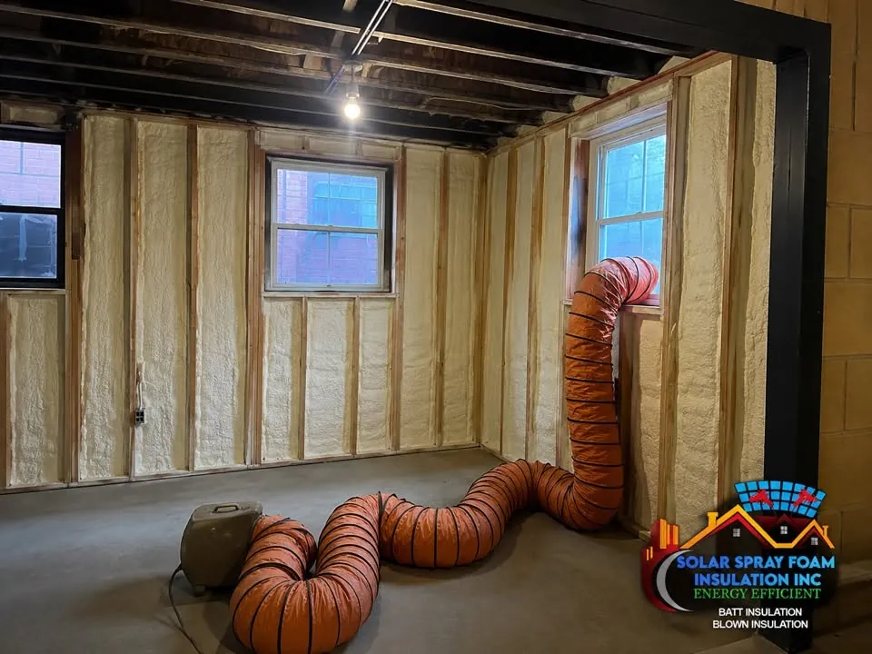 Basement wall spray foam insulation project in Elgin, IL, with framed walls fully foamed between the studs